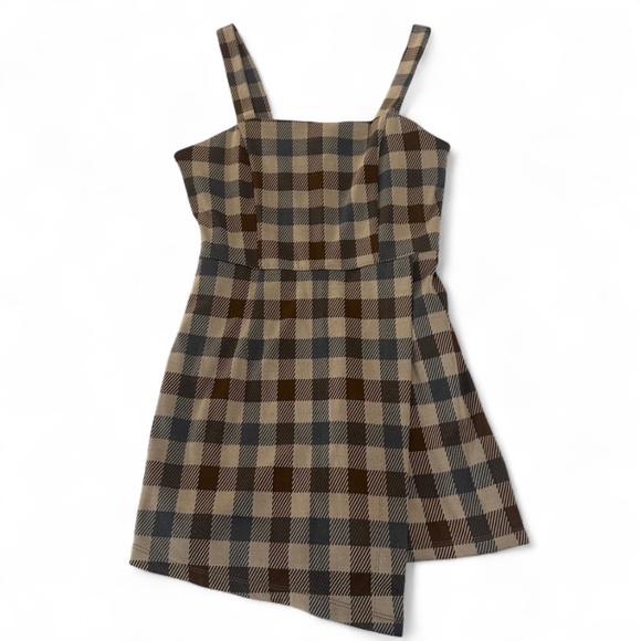 Forever 21 Plaid Gingham Asymmetrical Sleeveless Romper Dress Brown Blue Tan - Picture 1 of 8